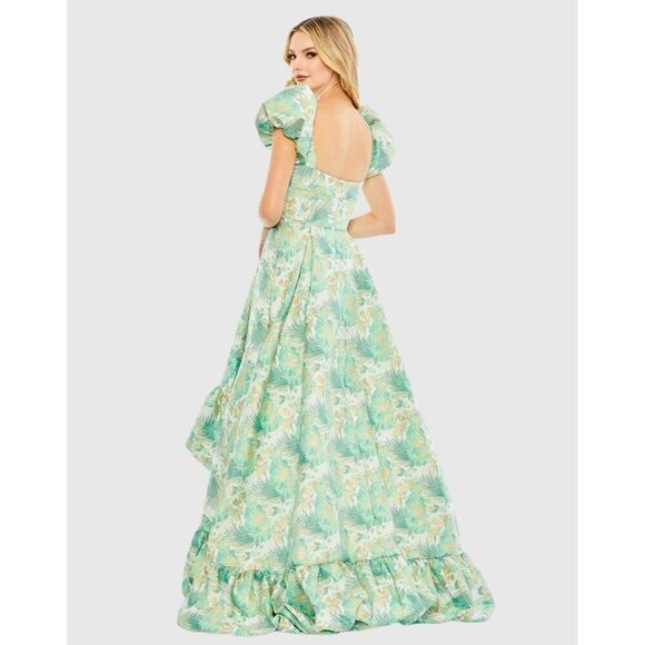 MAC DUGGAL Size 6 Green Floral Brocade 68276 Puff Sleeve High Low Gown Dress New - Picture 3 of 12